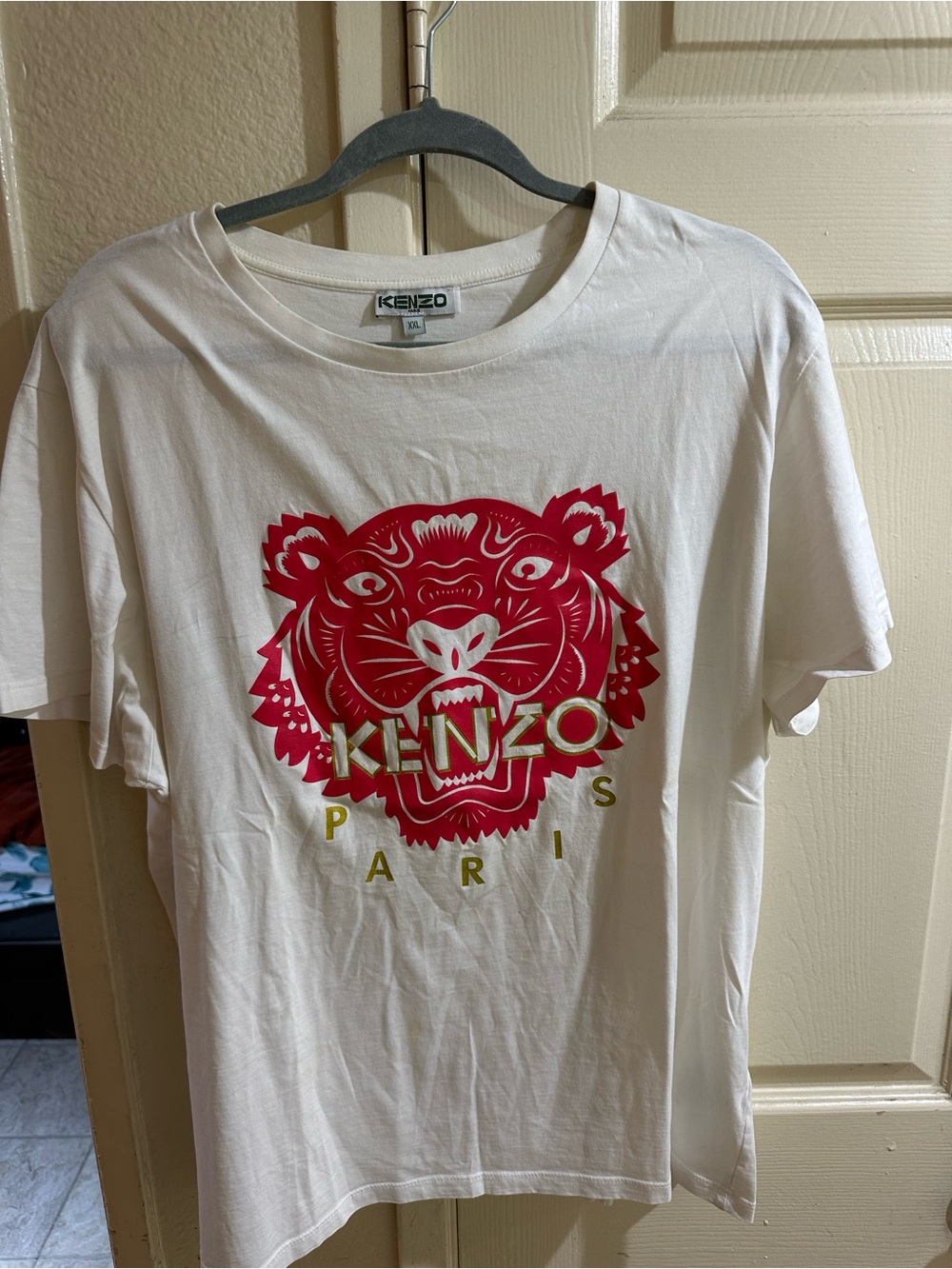 Kenzo White T-Shirt with Red Tiger and Gold Logo